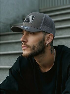Men’s Gray Trucker Hat with Flag Patch